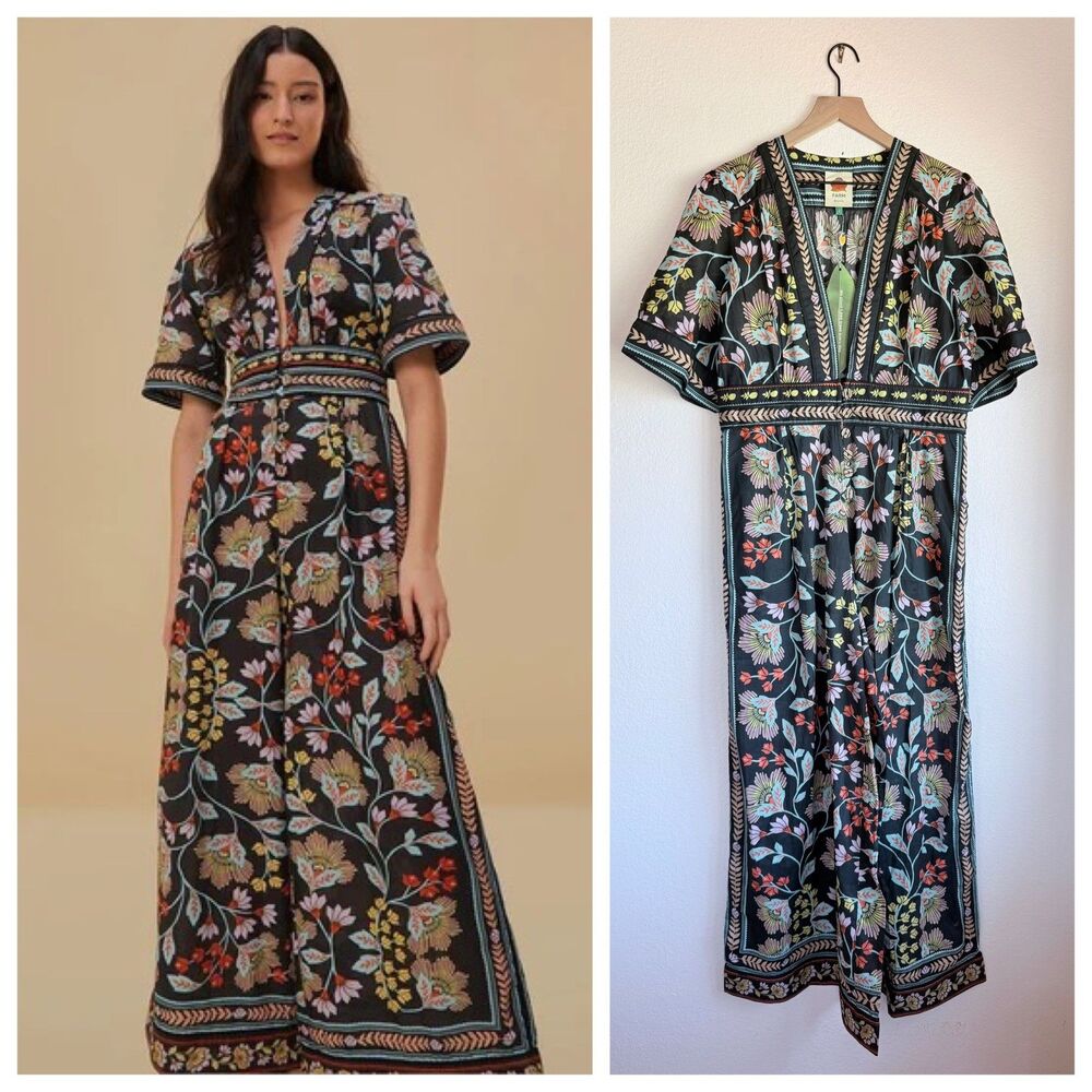 FARM RIO Flowery Black Button Front Wide Leg Jumpsuit Size L NWT Floral V-Neck